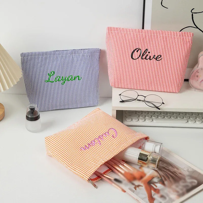 sac de maquillage rayé en gaze bulle, personnalisable avec broderie ou style standard (2 options), pochette de rangement, saison rentrée scolaire