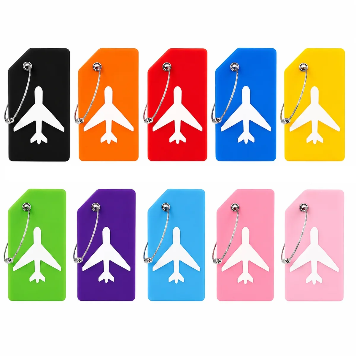 2/5 étiquettes de bagage en silicone, motif avion, identificateur de valise, couleurs vives avec boucle en fil d'acier, porte-nom, usage quotidien