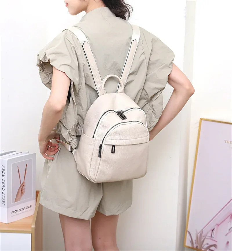 Petit sac à dos en cuir de vachette véritable antivol pour dames, sac de voyage lancé, sac à dos décontracté, motif solide, sac à dos en cuir véritable