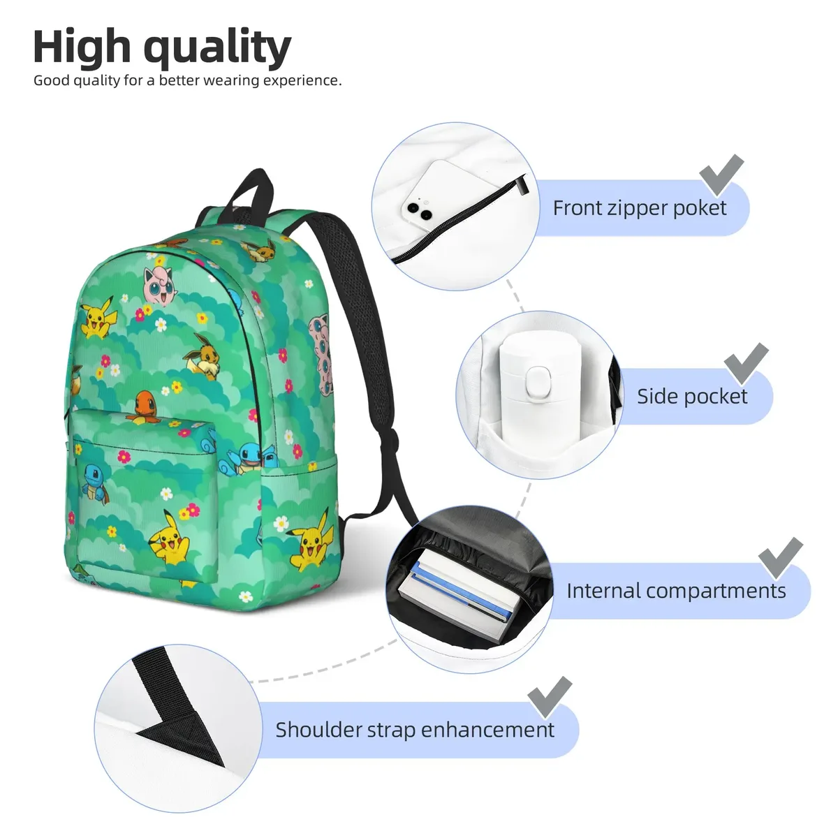 sac à dos à thème pokemon de dessin animé à la mode, design mochilas harajuku pour l'école, sac à dos de grande capacité