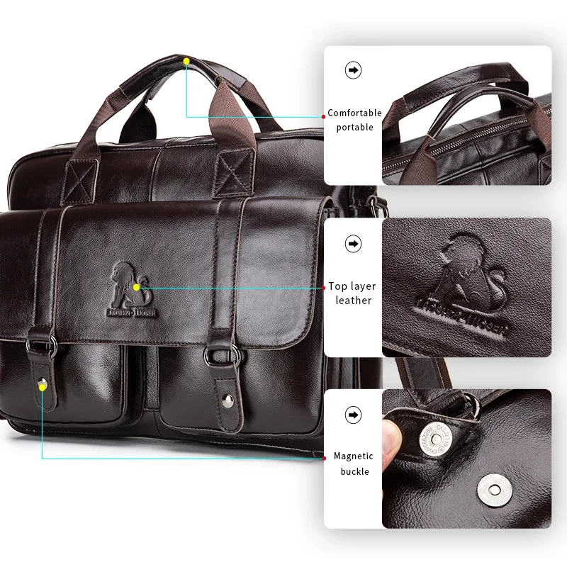 porte-documents pour homme en cuir véritable avec deux poches avant, sac pour ordinateur de grande capacité, sac à main diagonal