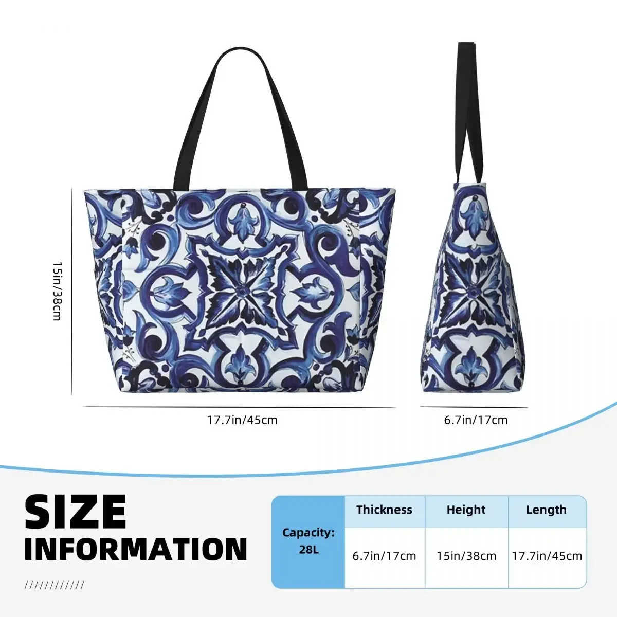sac fourre-tout bleu orné de motifs floraux, style carreaux siciliens méditerranéens, pour la plage, le sport, la gym, le yoga, grand sac de voyage pour femme, sac de fitness
