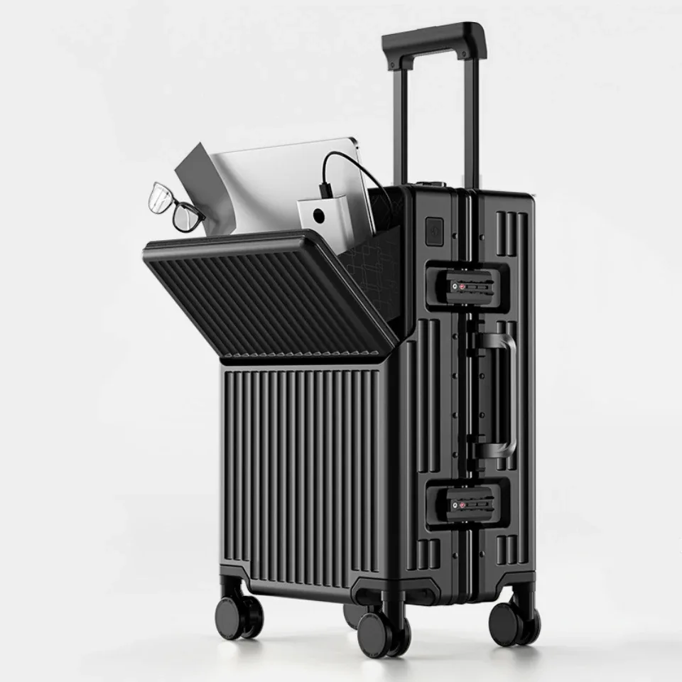 valise à ouverture frontale en matériau pc avec cadre en aluminium, serrure tsa, porte-gobelet, port de charge, bagage à roulettes de voyage 20/24/28/30 pouces