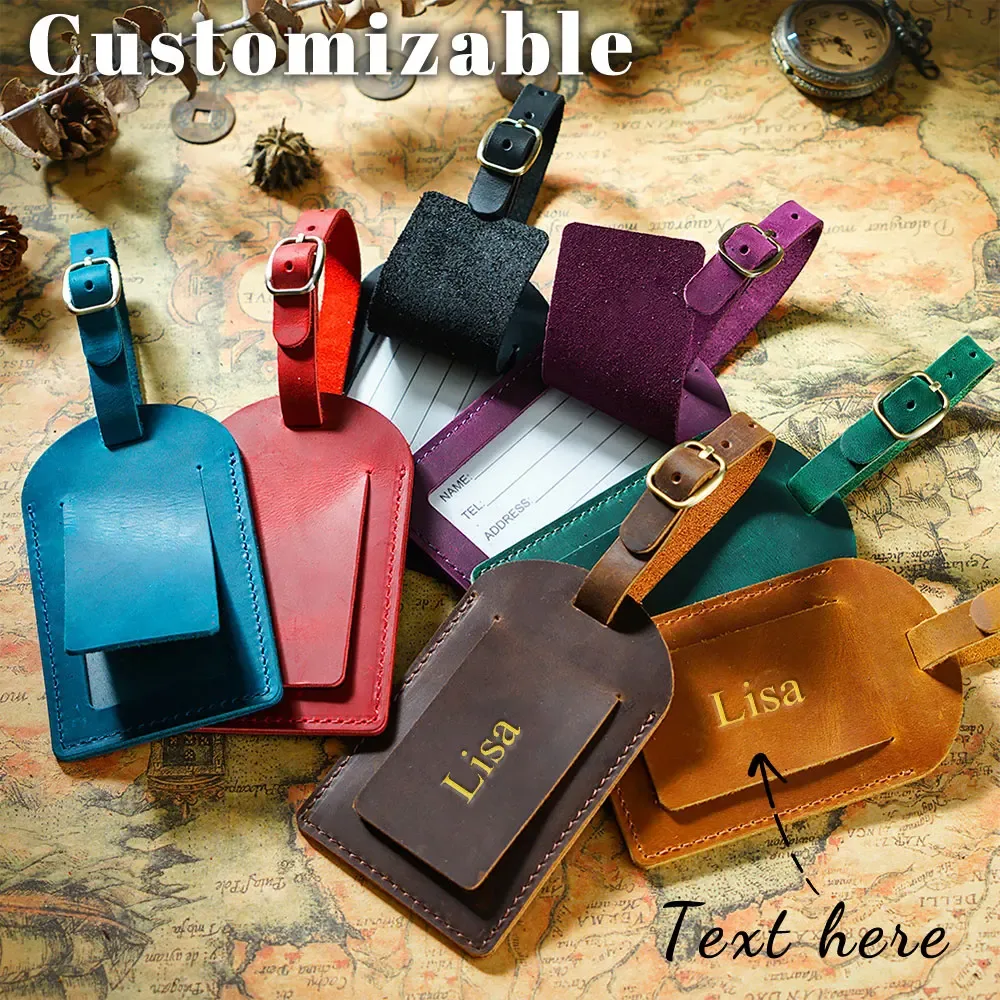 Étiquette de bagage en cuir personnalisée avec nom, en cuir de vachette pleine fleur, pour carte d'embarquement et valise, design créatif