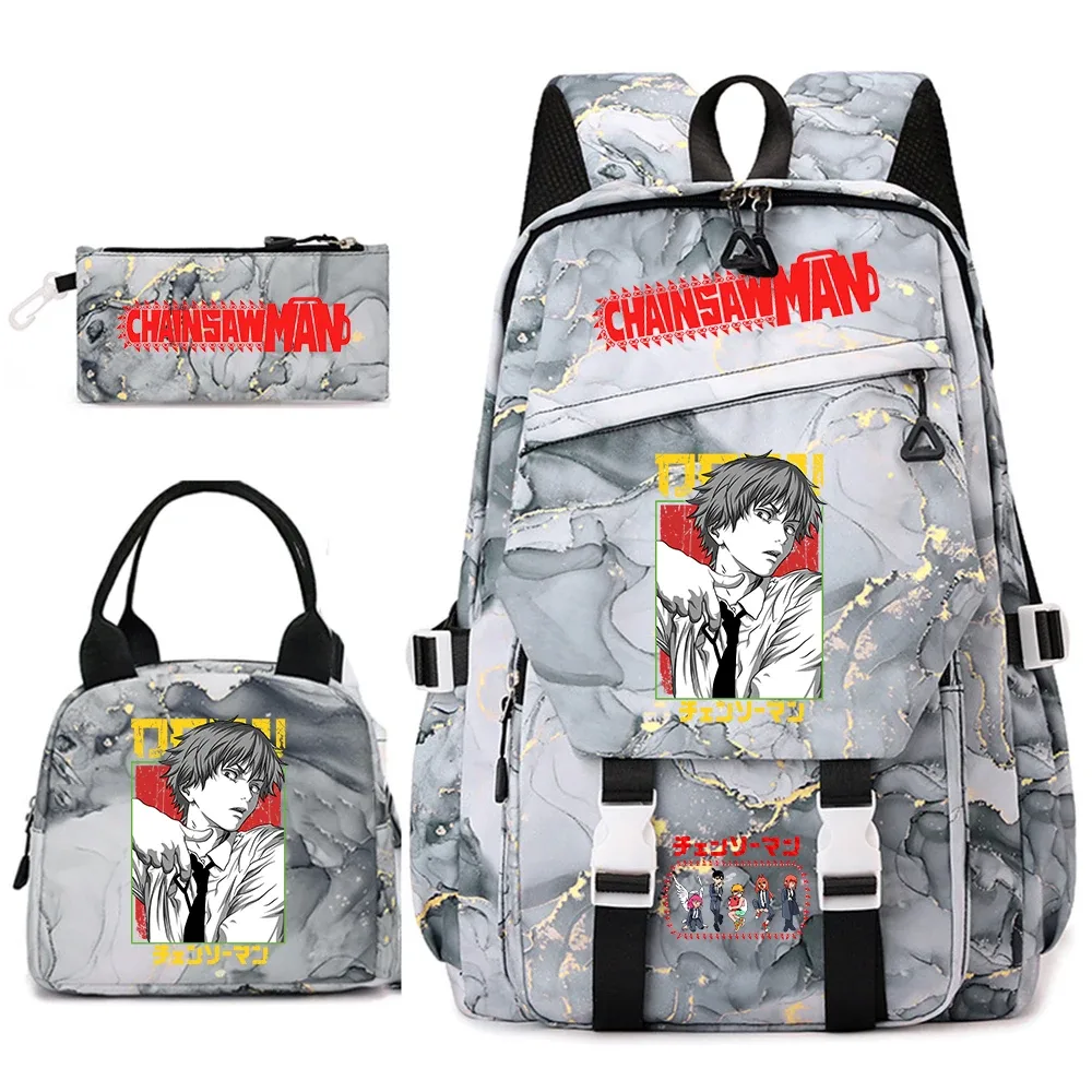 ensemble de sacs à dos pour étudiantes avec imprimé chainsaw man anime, pour filles, avec sac à lunch et trousse à crayons, pour une utilisation quotidienne à l'école