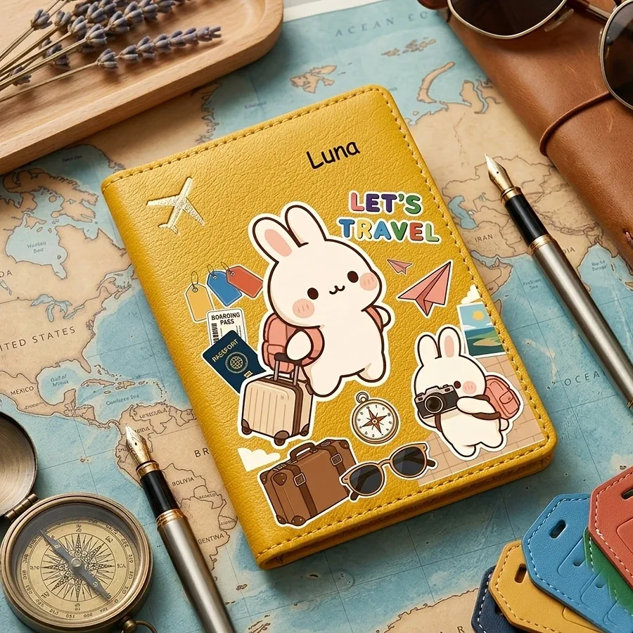 housse de passeport à motif de lapin de dessin animé mignon, personnalisable avec nom et texte, rangement pour livre de passeport, accessoire de voyage, sac de passeport