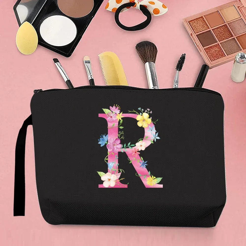 trousse de maquillage pour femmes, trousse de maquillage portable, trousse de maquillage de voyage pratique, sac à main en toile, motif de lettres roses, organisateur de bijoux