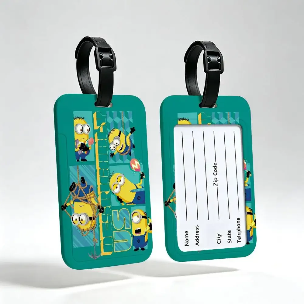 étiquette de bagage de voyage m-minions amusante et mignonne, couverture de carte d'information en pvc, marqueur de nom anti-perte pour sac à dos.