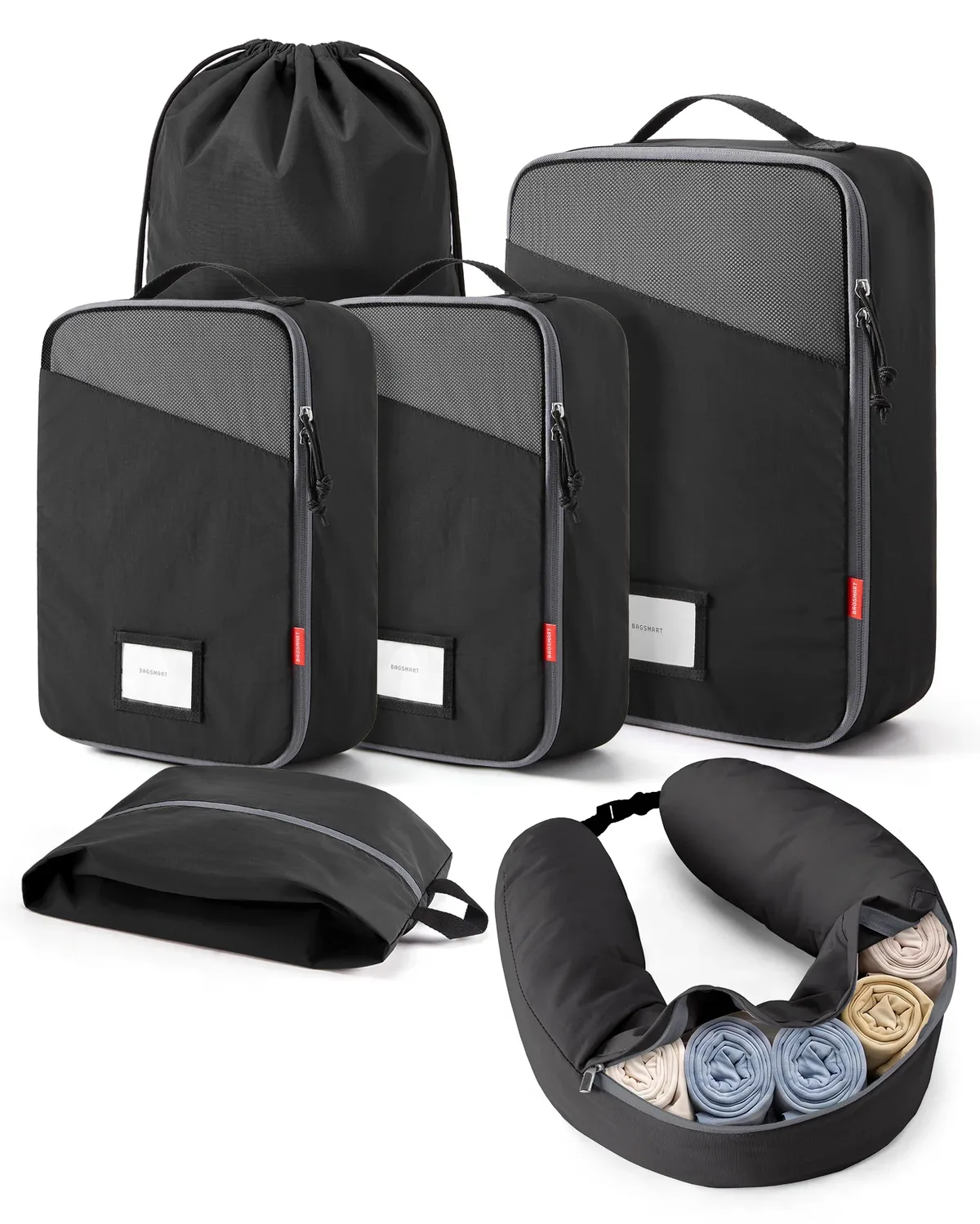 cubes de compression bagsmart avec oreiller de voyage, 6 pièces, sacs de rangement de voyage durables, résistants aux déchirures, en tissu lavable, avec fente pour carte