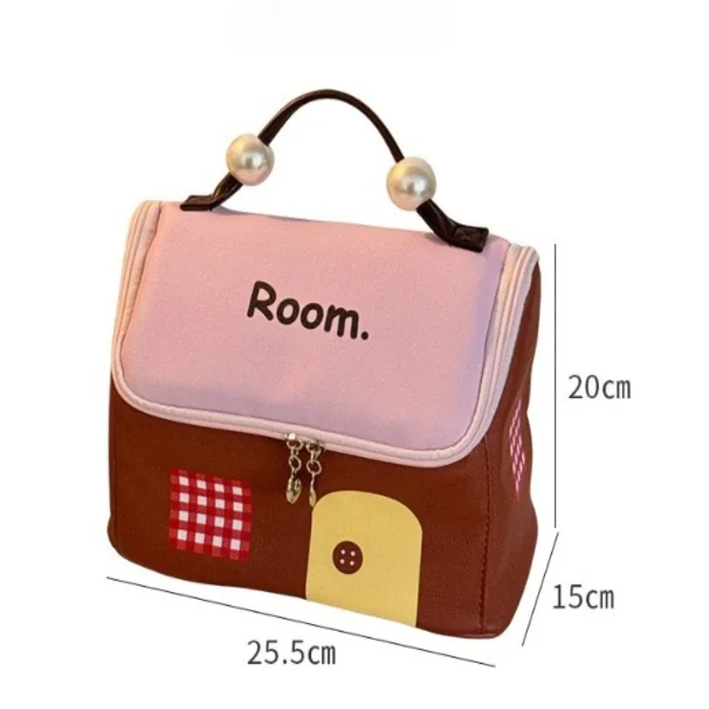 1 pièce nouvelle mini trousse de toilette portable en forme de maison avec poignée perlée, grande capacité, élégante, pour femmes et filles, cadeaux de voyage