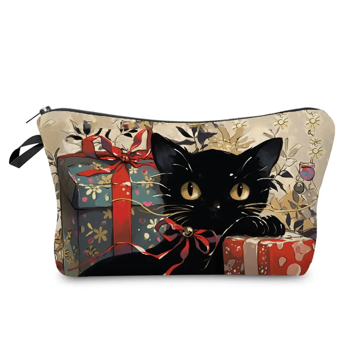 sacs de maquillage college chat noir pour femmes, sacs de rangement portables de voyage, impression d'animaux kawaii décontractés, sacs à cosmétiques double face avec fermeture éclair