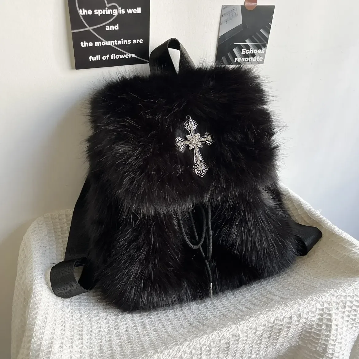 sac à dos en peluche noir y2k, design automne-hiver, sac à dos tendance pour filles, sacs à dos gothiques originaux