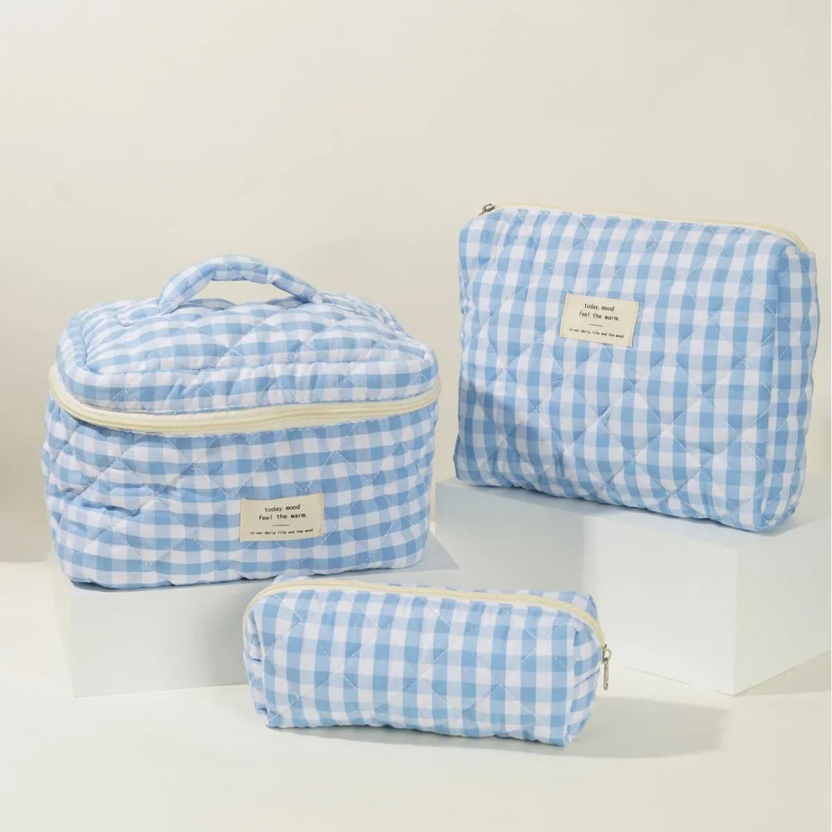 trousse de maquillage matelassurera en coton pour femme, trousse de toilette portable pour fille, sac à main à fermeture éclair pour femme, trousse cosmétique, évaluation, gril, 3 pièces