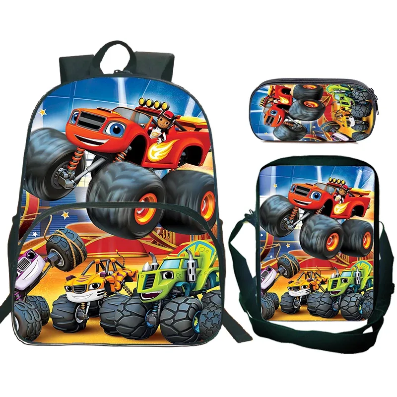 sac à dos blaze and the monster machines, 3 pièces, sac d'école pour enfants avec sacs à bandoulière, trousse à crayons, sac à dos blaze car pour garçons et filles