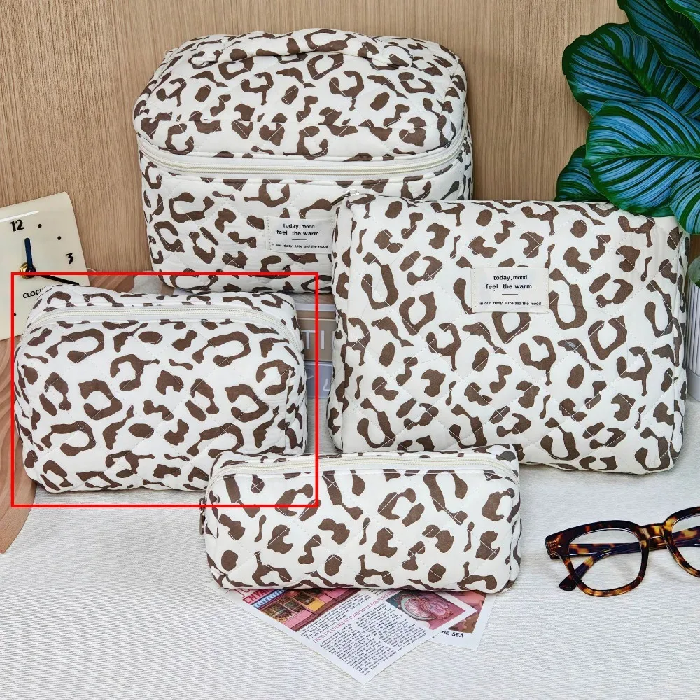 trousse de maquillage matelassée en coton grande capacité avec fermeture éclair, organisateur cosmétique imprimé léopard, sac de toilette portable