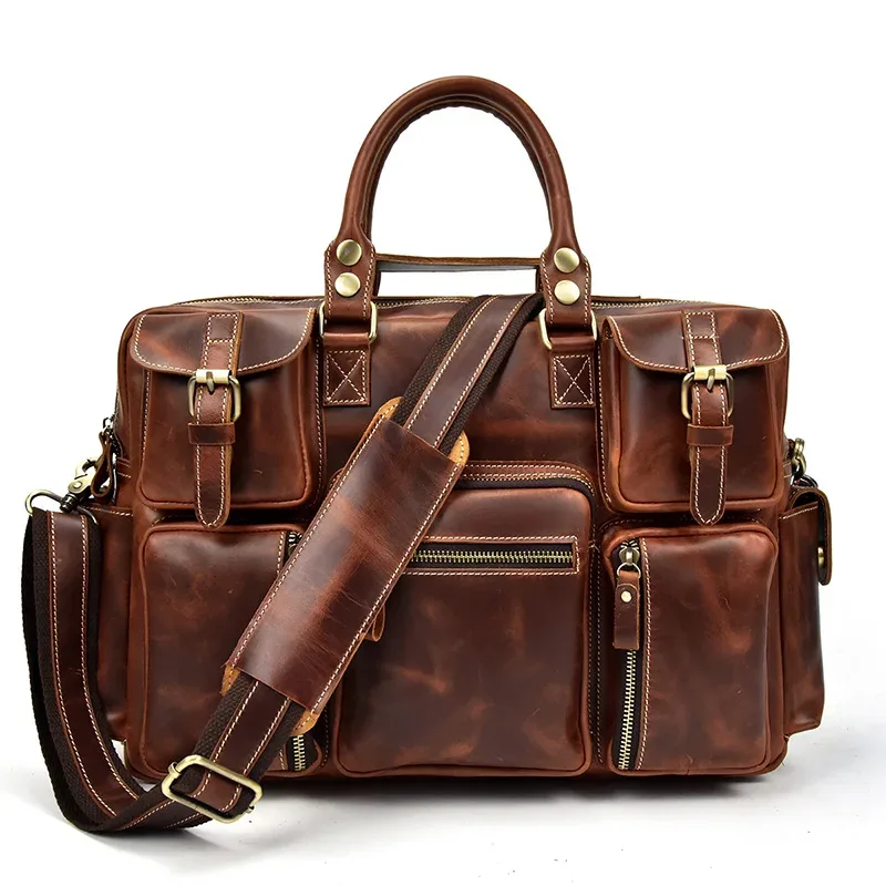serviette vintage en cuir de cheval fou pour hommes, grand ordinateur portable, sac d'affaires en cuir véritable, fourre-tout de travail, sac de voyage, sacoche en cuir de vache