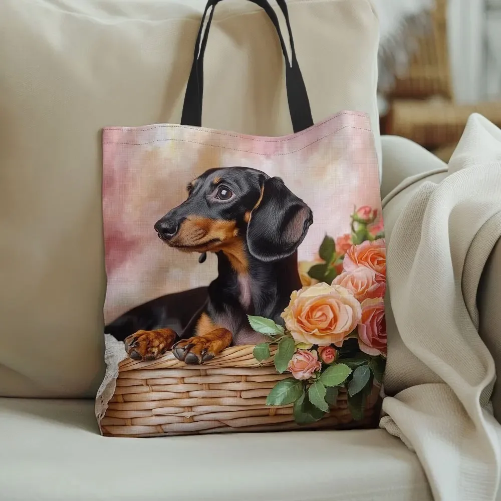 Sac fourre-tout de grande capacité, motif floral avec visage de chien teckel mignon, sac d'épicerie rectangulaire spacieux pour femmes et hommes, 1 pièce