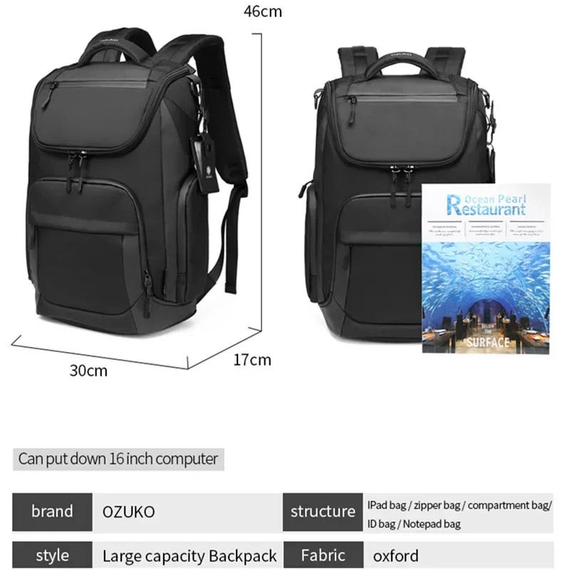 ozuko-sac à dos multifonction pour hommes, grande capacité, étanche, pour ordinateur portable de 15.6 pouces, pour voyage en plein air