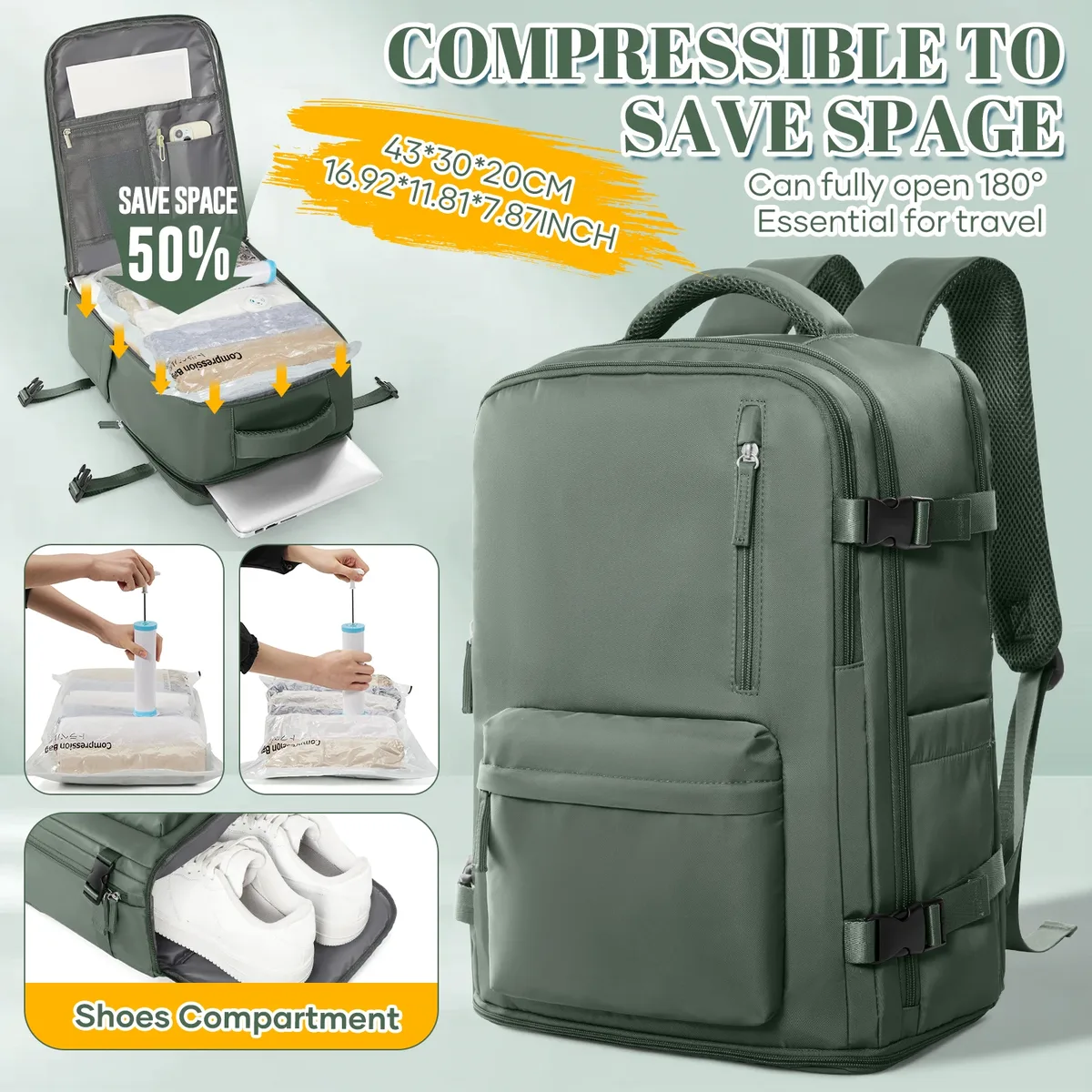 lot de 3 sacs à dos de cabine ryanair 40x30x20cm avec pompe manuelle et compression sous vide - sac de voyage en nylon durable pour les courts séjours