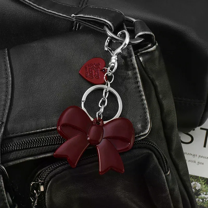 Porte-clés simple et délicat avec breloque cœur rouge, nœud et miroir, style Y2K, pour téléphone portable, voiture, écouteurs, sac à dos, bijou, cadeau