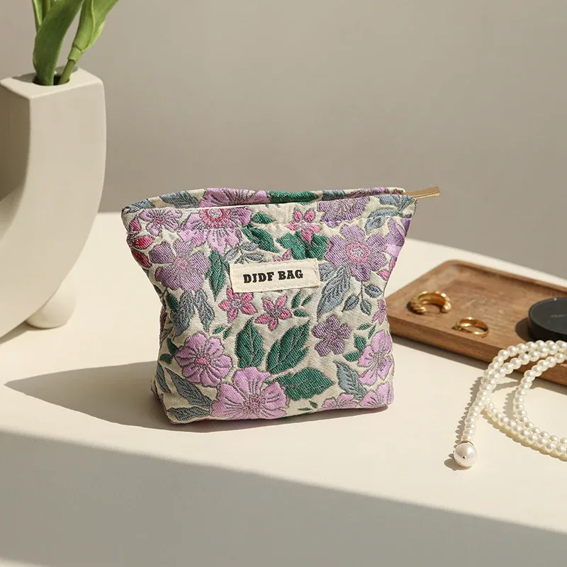 sac à cosmétiques pour femmes, petit sac de rangement vintage à fleurs violettes pour cosmétiques, rouge à lèvres, porte-monnaie portable, porte-carte de banlieue ins