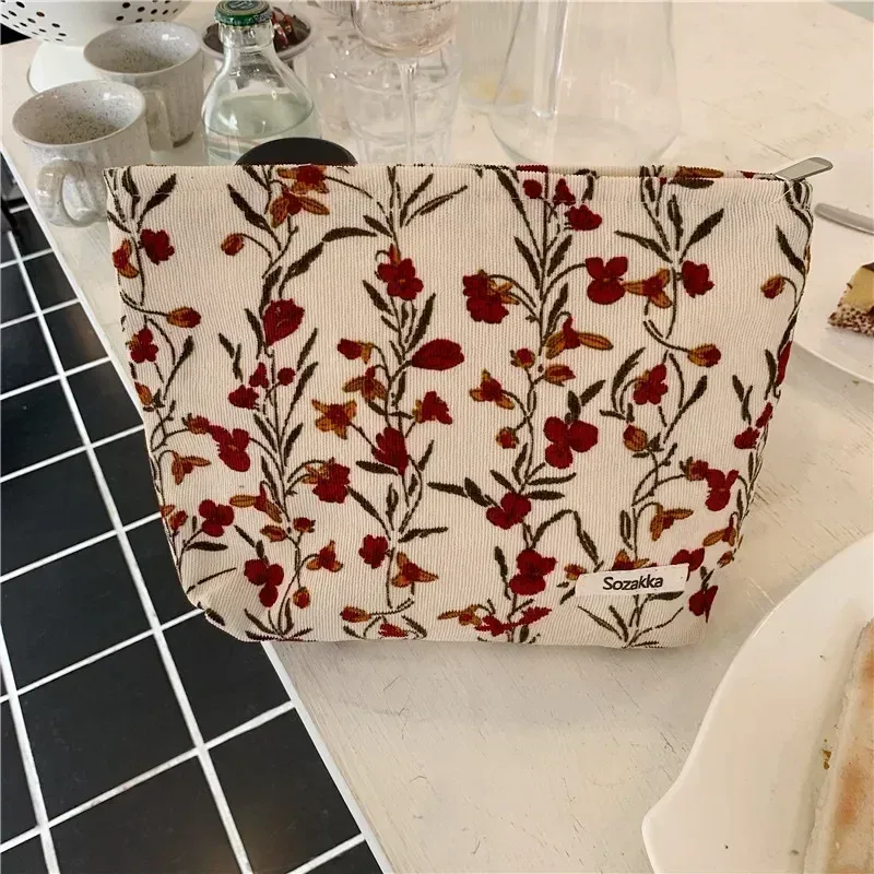 trousse à cosmétiques de beauté florale pour femme, trousse de maquillage, broderie coréenne, velours côtelé, grand sac de rangement de lavage et de toilette, poudres, voyage