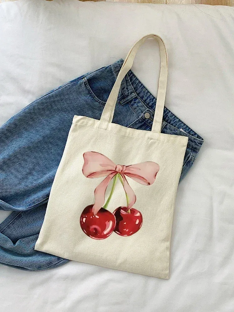 sac à bandoulière en toile cerise, 1 pièce, pliable et réutilisable, sac à main d'épicerie en tissu, unisexe pour dames, voyage pour femmes
