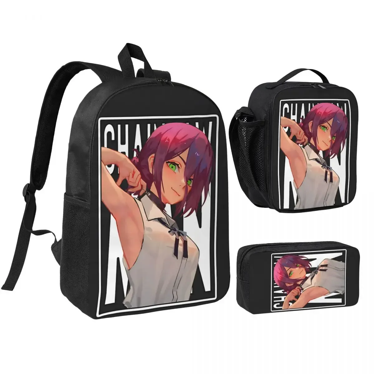 anime tronçonneuse homme 3pecs/ensemble sac à dos pour étudiant ordinateur portable sac à bandoulière sac à déjeuner trousse à crayons