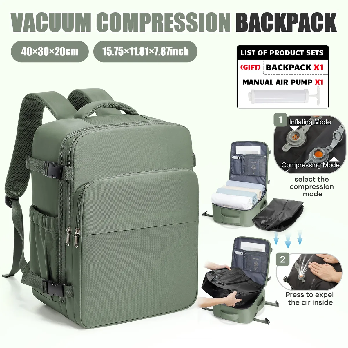sac à dos 40x30x20 pour avion, bagage à main ryanair avec sac de compression sous vide, sac à dos pour femme, sac à dos sous vide, sac à dos pour ordinateur portable