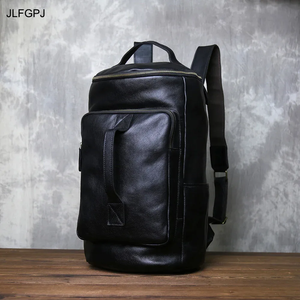 Sac à dos en cuir véritable tendance JLFGPJ pour hommes, grande capacité, en cuir de vachette de première qualité, forme de seau, sac simple pour ordinateur