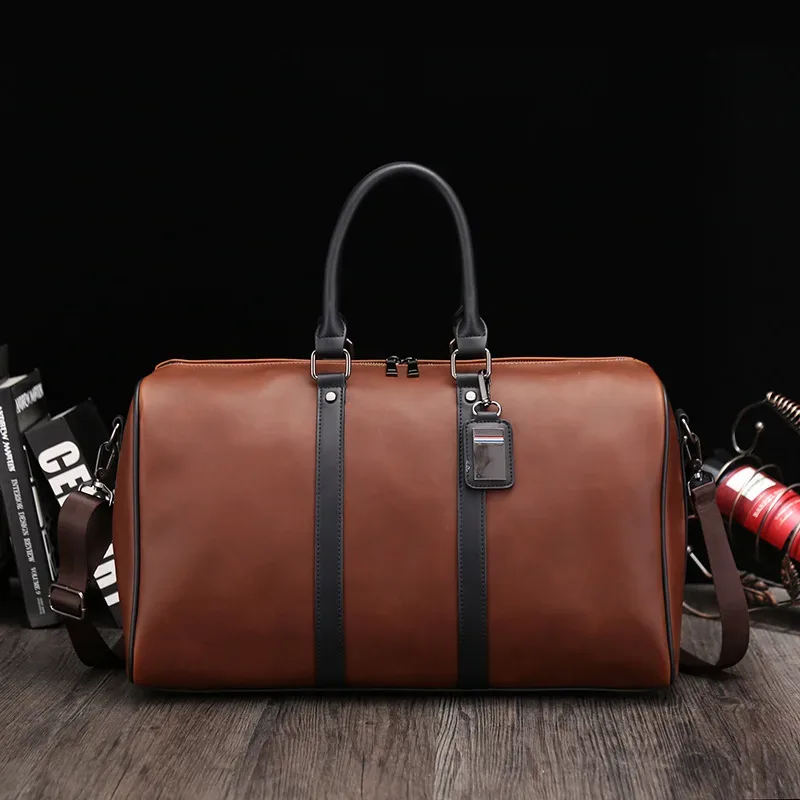 Grand sac à bandoulière en cuir décontracté pour hommes, fourre-tout de voyage de grande capacité, sac de week-end, bagage à main pratique, sacs polochons pour hommes