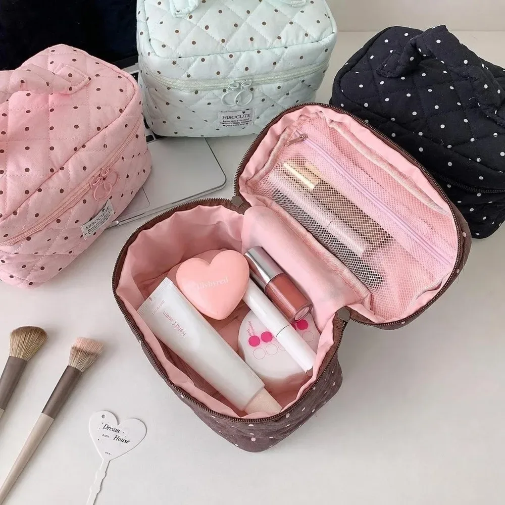 Sac de maquillage matelassé à motif à pois Kawaii, grande capacité avec poignée, organisateur de toilette de voyage, sac de rangement polyvalent pour femmes