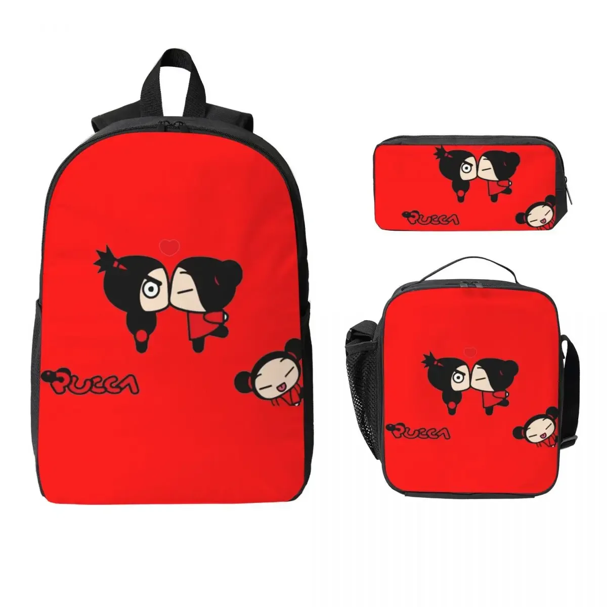 pucca pucca sac à dos étudiant garçons filles bookbag sac d'école ordinateur portable sacs à bandoulière 3ps sac à déjeuner isolé trousse à crayons