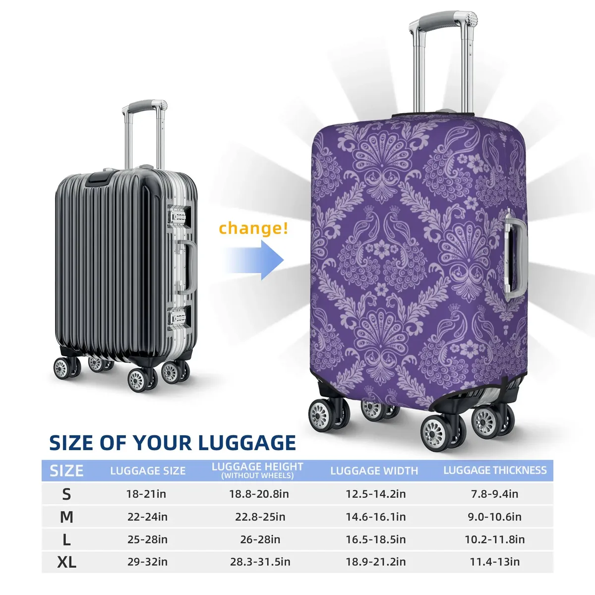 housse de protection pour bagages, motif paon amusant, violet clair sur violet, housse de valise de voyage élastique à motif animal