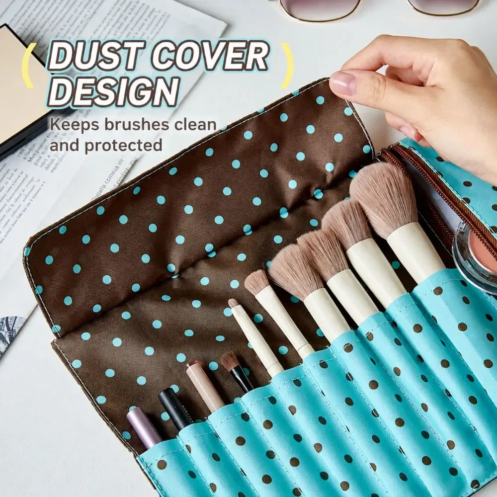sac de rangement pour pinceaux de maquillage à pois mignons, en toile, 10 compartiments, sac à outils de maquillage portable, sac de maquillage multifonctionnel, pinceaux de maquillage, stylos, etc.