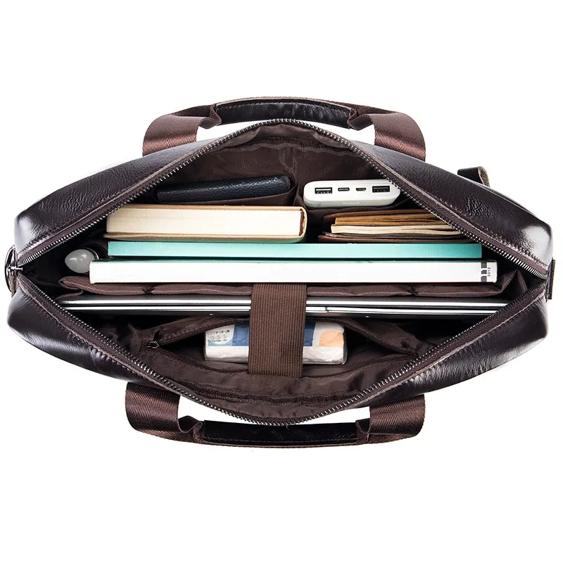 sac d'ordinateur en cuir de vache, porte-documents pour hommes en cuir véritable de grande capacité de 14 pouces, sac de fichiers rétro en peau de vache avec couche supérieure