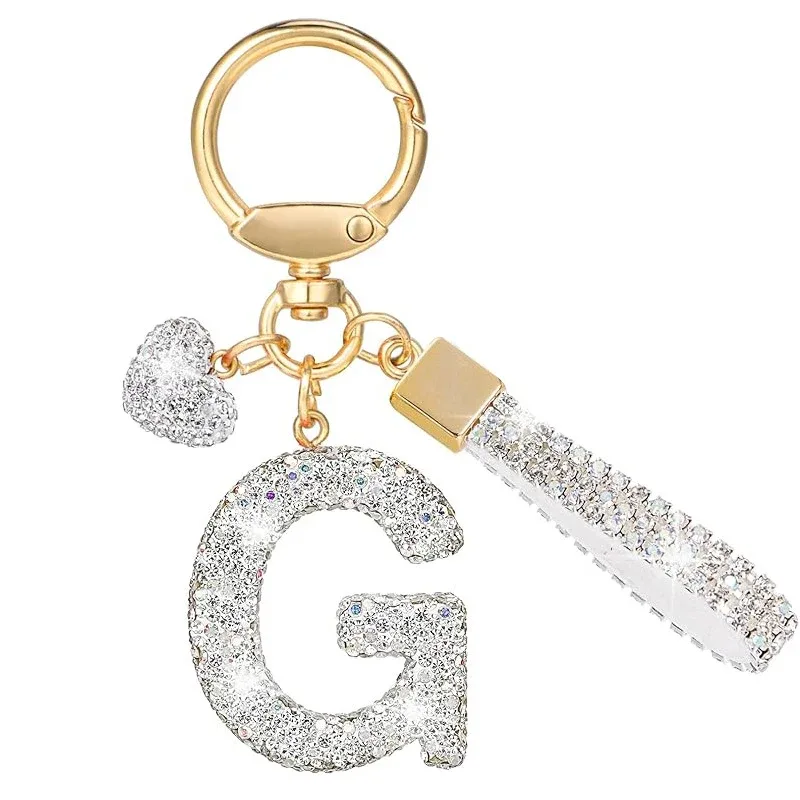 porte-clés avec lettres blanches brillantes, alphabet a-z pour porte-clés de voiture/sac à dos et cadeau avec lanière ajoutée