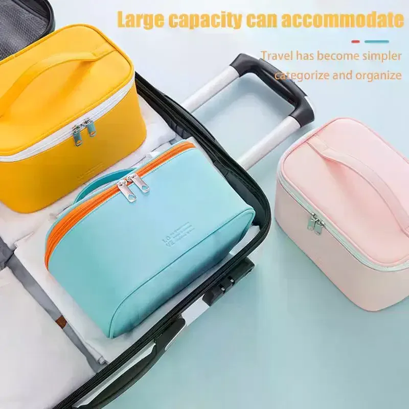 Sac de maquillage portable en PU avec fermeture éclair, organiseur de produits de soin de la peau, sac cosmétique grande capacité pour le lavage des cosmétiques