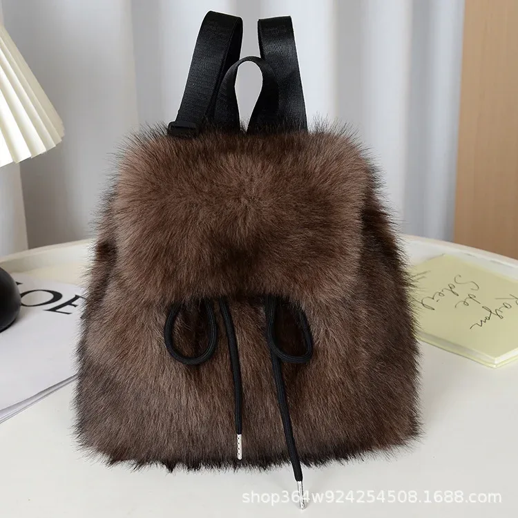 y2k sac à dos en peluche femmes petit mignon cordon léopard moelleux sac solide doux polaire sac à dos hiver chaud fausse fourrure mini sac à dos