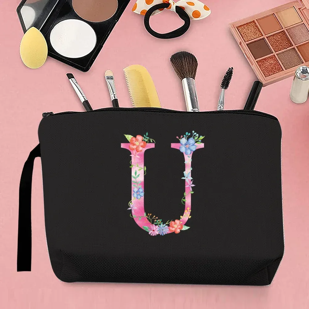trousse de maquillage pour femmes, trousse de maquillage portable, trousse de maquillage de voyage pratique, sac à main en toile, motif de lettres roses, organisateur de bijoux