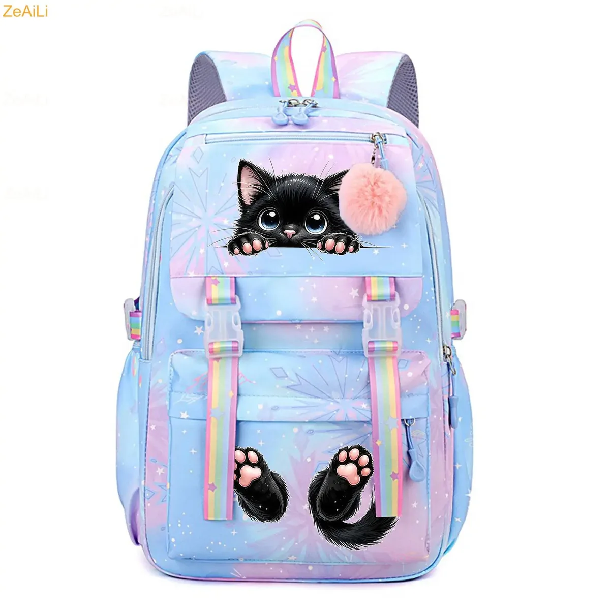 sac à dos pour femme, enfant, adolescent, motif chat noir mignon, fleur et papillon, idéal pour l'école