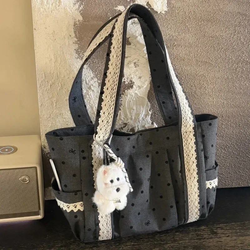 Sac fourre-tout en toile floquée 3D à pois et dentelle, style coréen gris, grande capacité, pour étudiants et trajets quotidiens