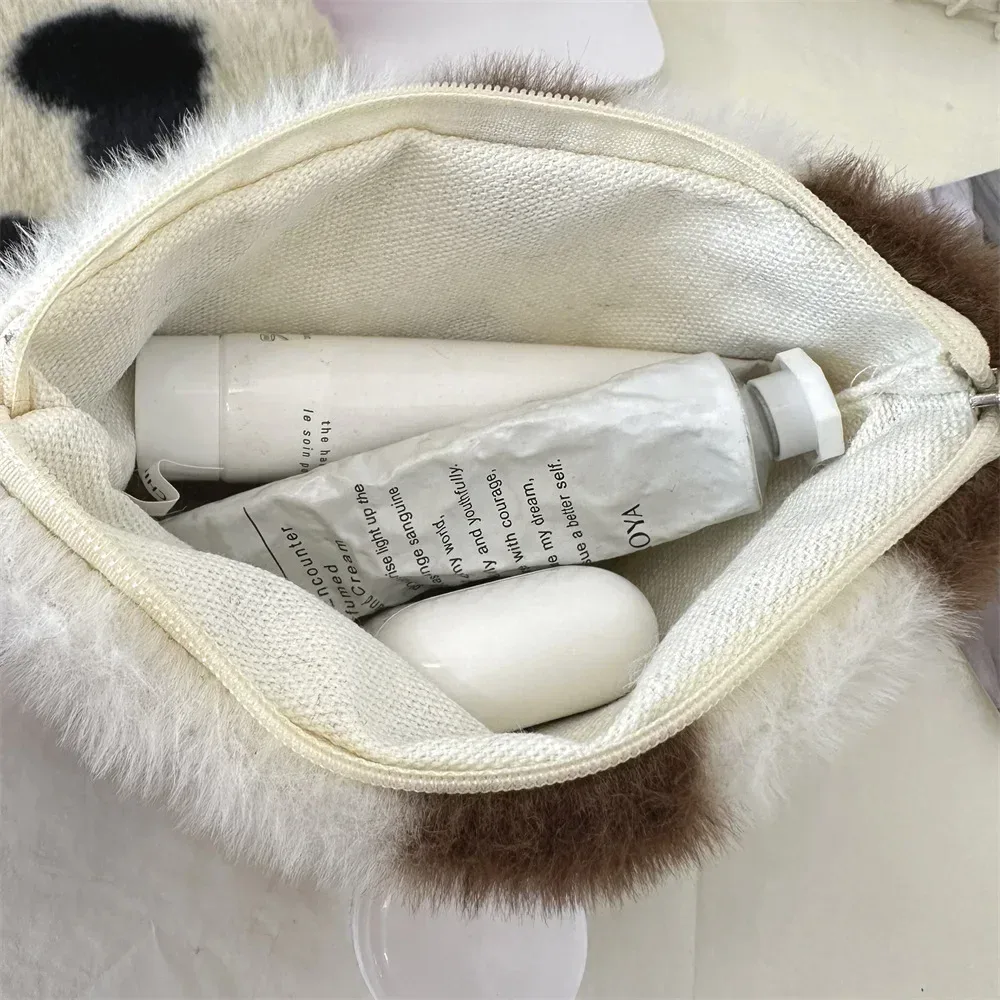 petit sac de rangement portable en peluche douce pour femme, trousse de maquillage, sacs à main, pochette à fermeture éclair, sac à main moelleux, sacs à cosmétiques en fourrure pour femme