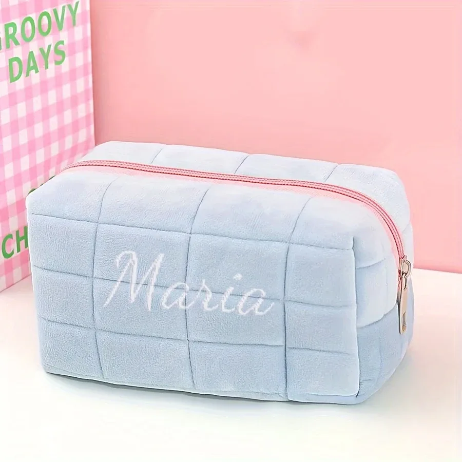 sac de rangement cosmétique en fourrure unie personnalisé avec nom, pour femme, avec fermeture éclair, organiseur de maquillage, sac à main, trousse à crayons, trousse de toilette de voyage