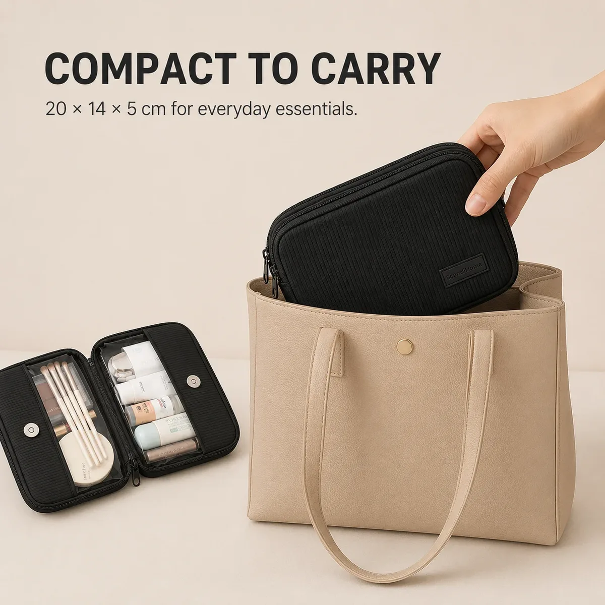 trousse de maquillage de voyage transparente en pvc, organisateur cosmétique en polyester côtelé, pochette de toilette à compartiments séparés, étui de rangement portable pour articles de beauté