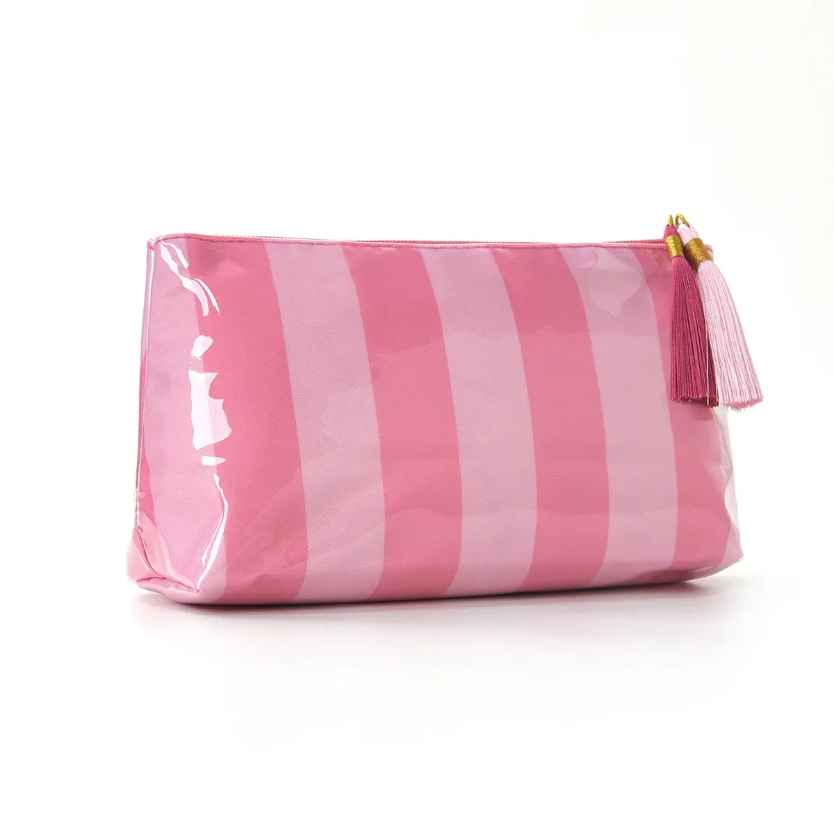 trousse de maquillage classique rayée avec fermeture éclair à franges, sac de voyage pour articles de toilette et soins de la peau, étui à pinceaux en pvc, organisation de voyage