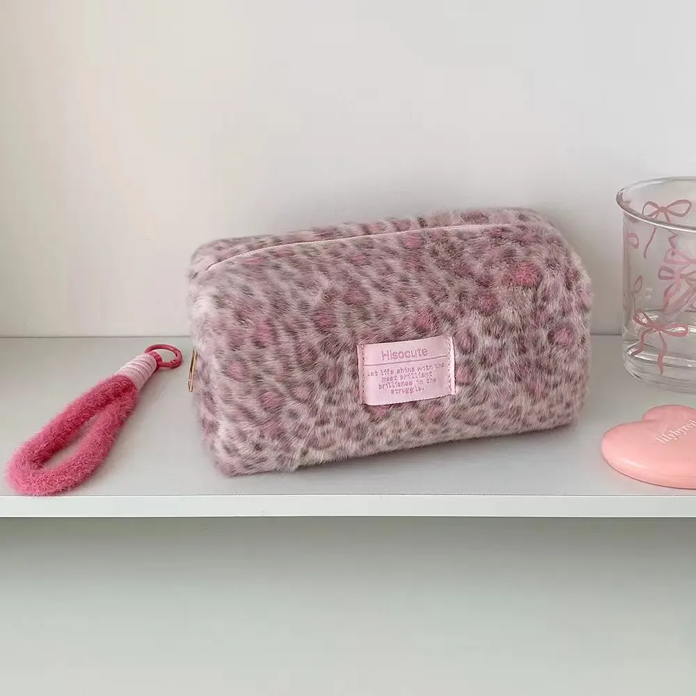sac de voyage portable en peluche mignon, rose, imprimé léopard, pour écolière, grande trousse de maquillage, sac fourre-tout cosmétique pour femmes