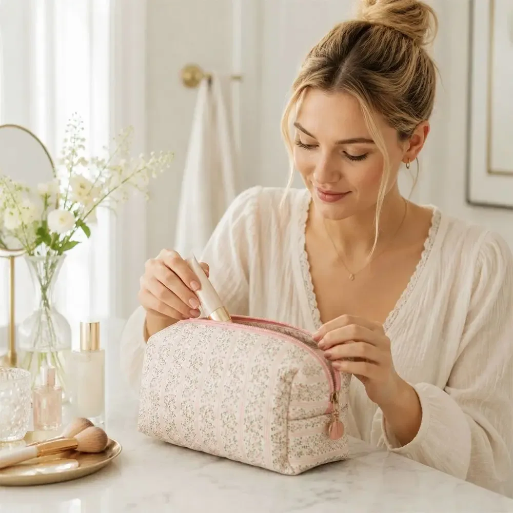 trousse de maquillage durable en coton doux, imprimé floral matelassé, grande capacité, pochette cosmétique, trousse de toilette pour soins de la peau et essentiels de beauté