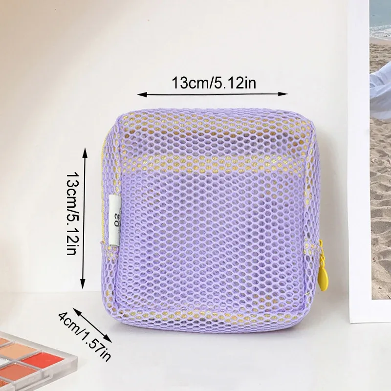 sac cosmétique carré en maille, sac de rangement cosmétique carré portable avec fermeture éclair, sac de rangement multi-usages pour articles divers
