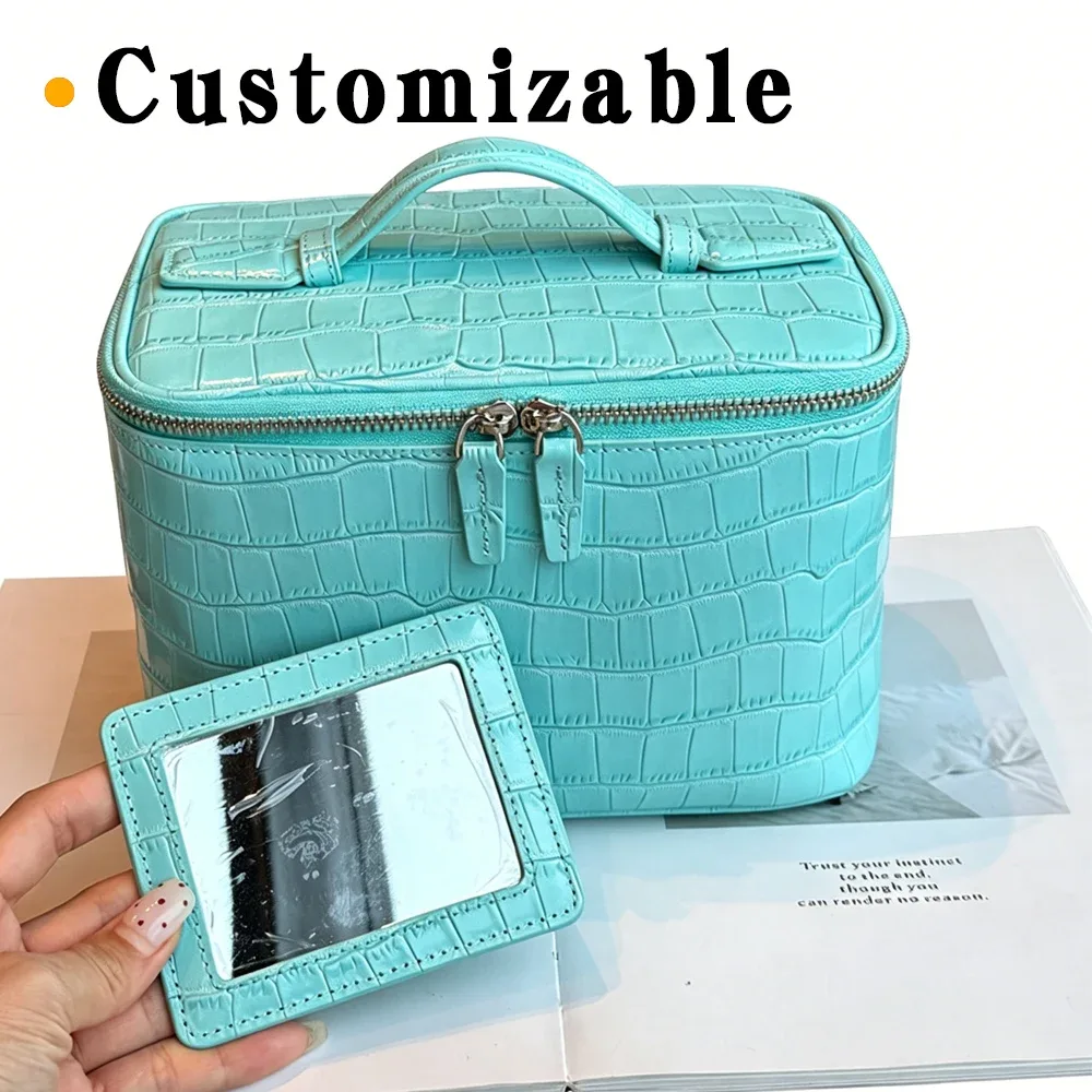pochette de maquillage en cuir véritable texture crocodile, trousse de toilette de voyage, organiseur de rangement de grande capacité de qualité supérieure pour femmes